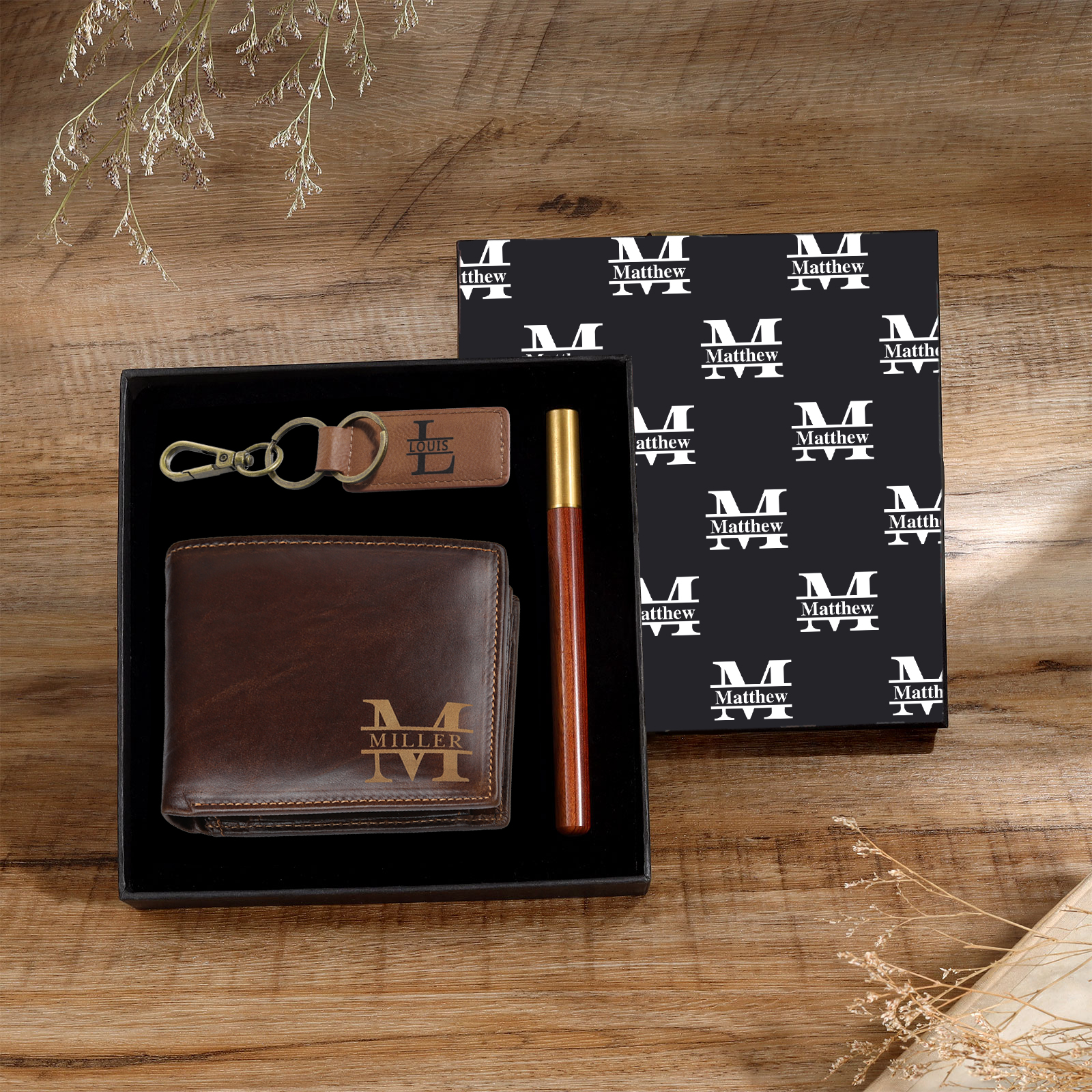 Set regalo di portafoglio e portachiavi con scatola di lettere personalizzate per Suo marito/fidanzato/ragazzo/nonno/zio
