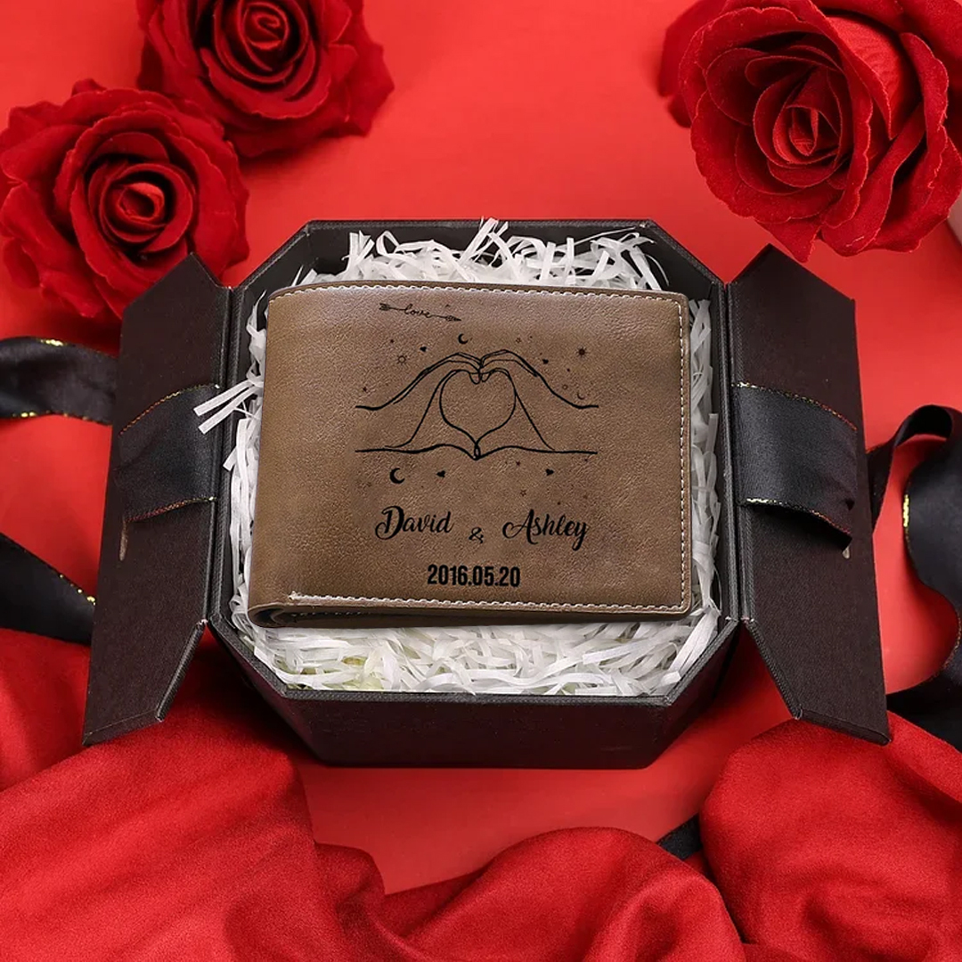 Portafoglio in pelle per coppia cuore 1 foto e 2 nomi personalizzabili