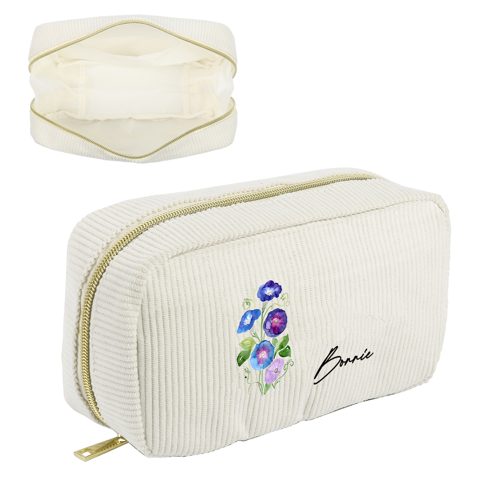 Borsa portabile per cosmetici in velluto a coste 1 nome e 1 fiore di nascita personalizzato multicolori da scegliere