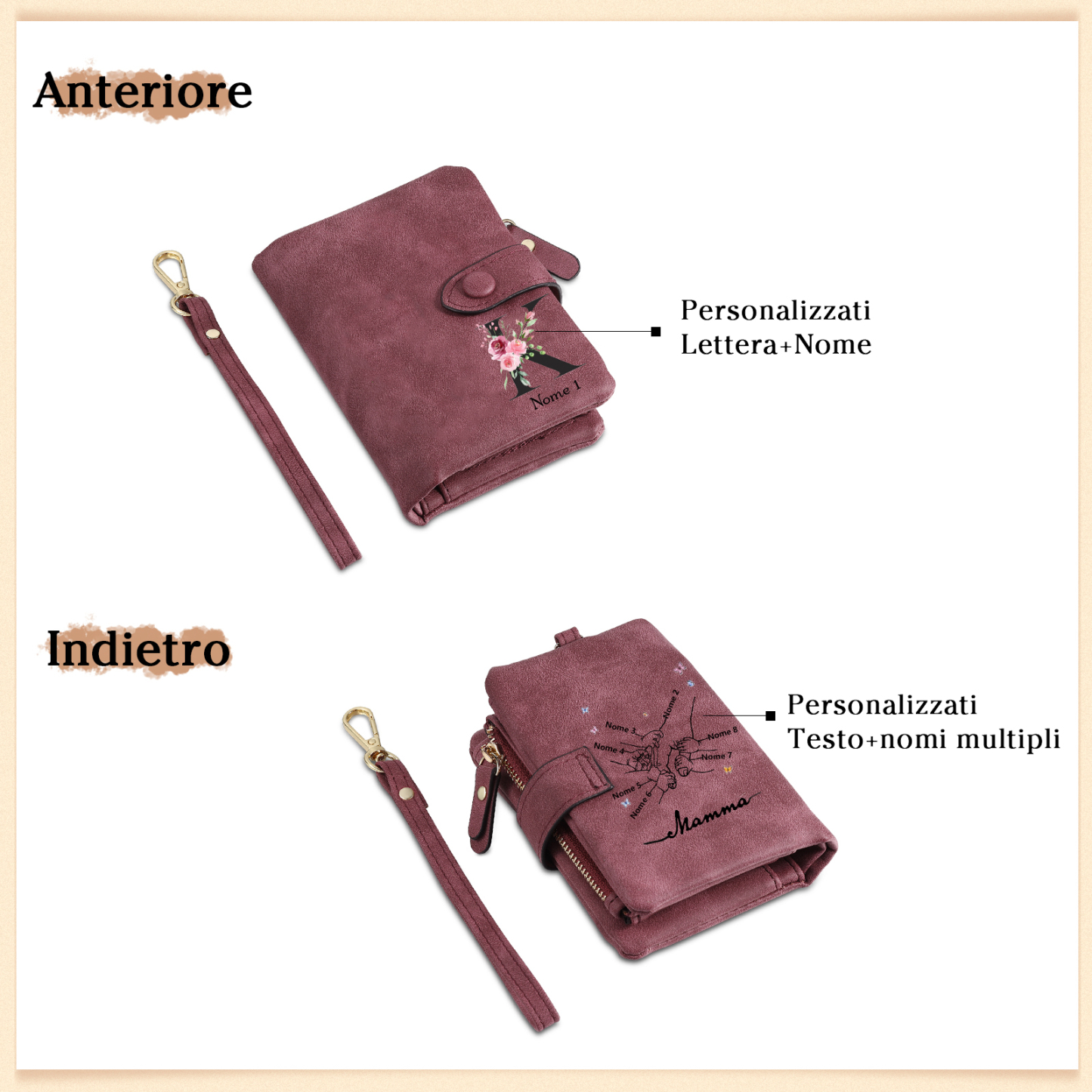 Portafoglio mano nella mano in PU pelle con 8 nomi & 1 testo & 1 lettera personalizzati per mamma