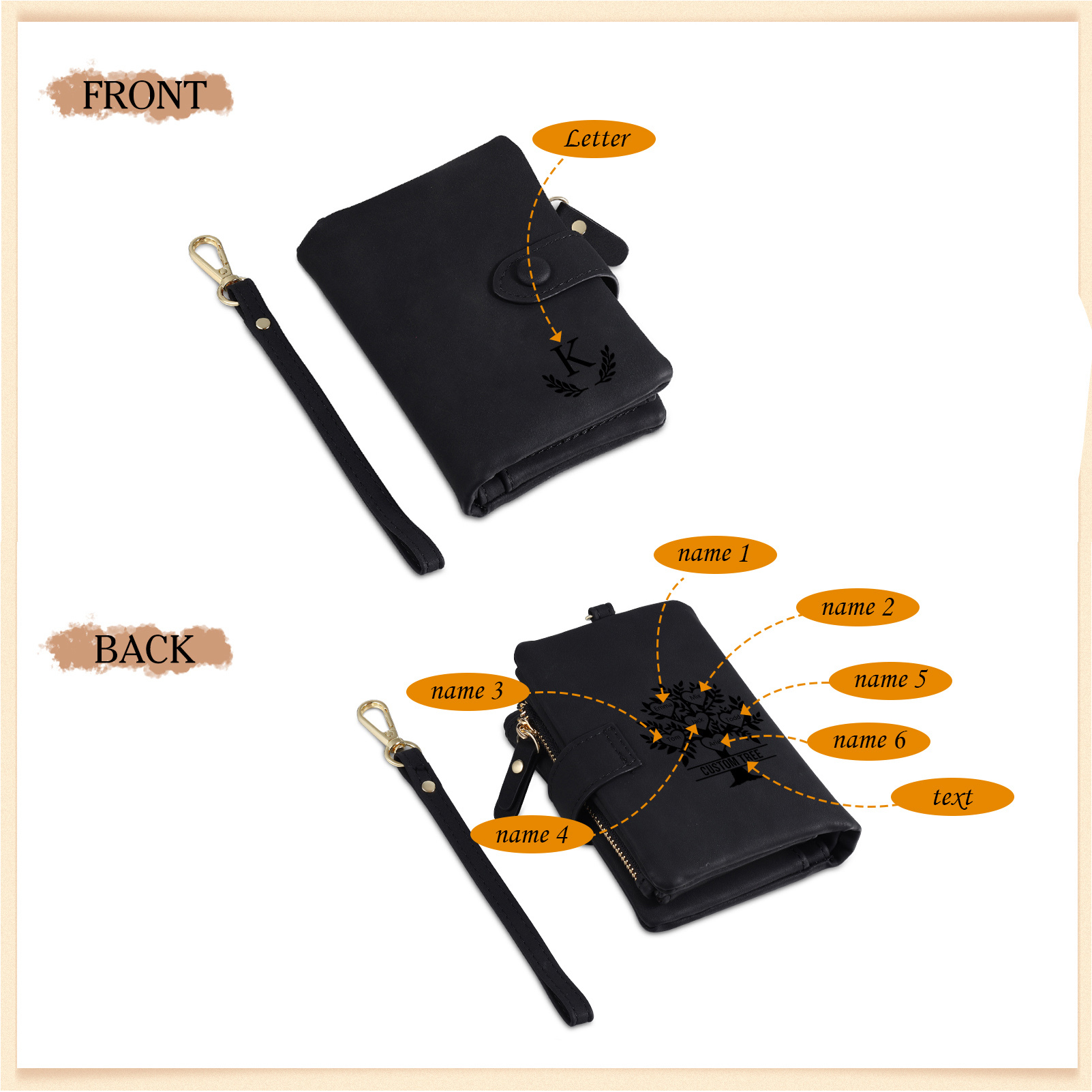 Portafoglio Albero della vita in PU pelle con 6 nomi & 1 testo & 1 lettera personalizzati per donna