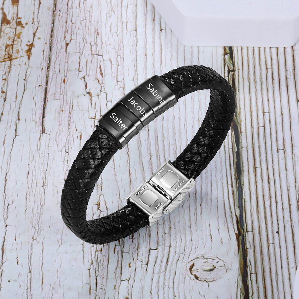 Braccialetto in pelle intrecciata Bracciale maschile con 3 perline e 3 nomi personalizzati