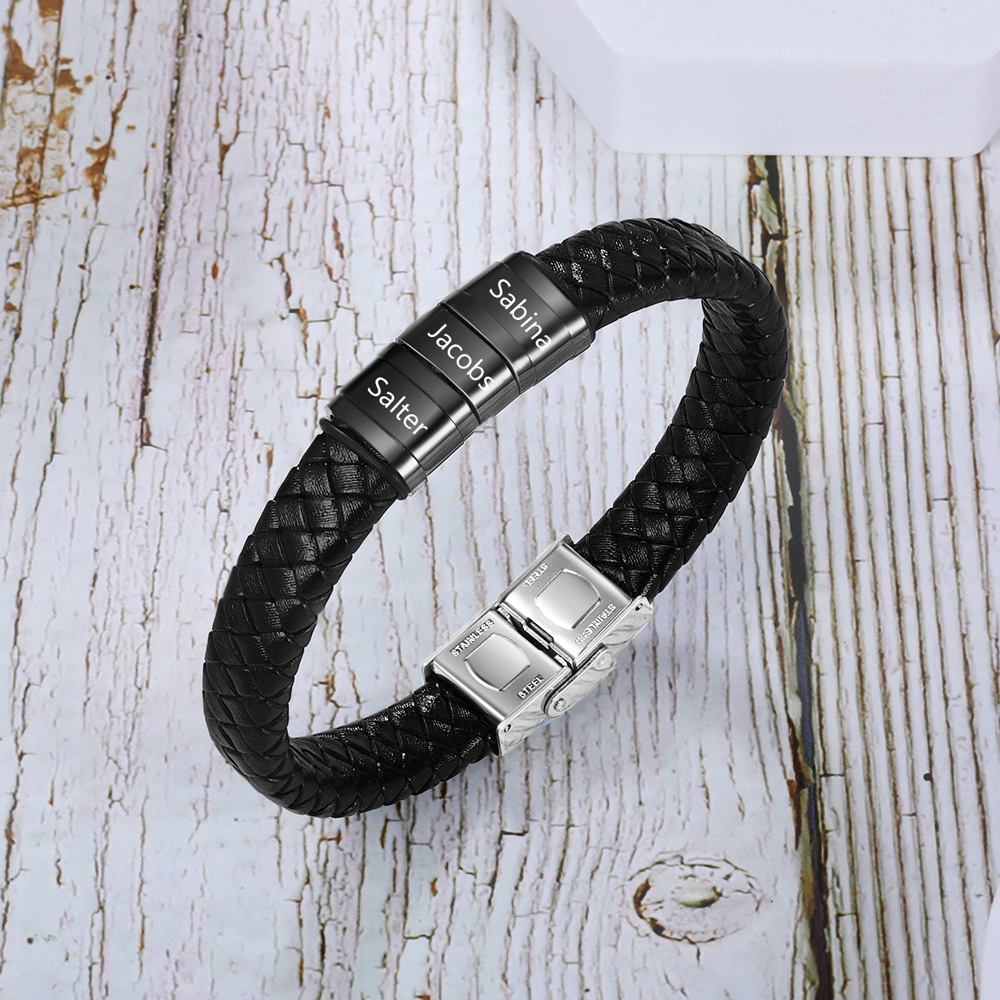 Braccialetto in pelle intrecciata Bracciale maschile con 3 perline e 3 nomi personalizzati