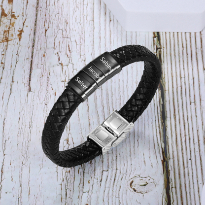 Braccialetto in pelle intrecciata Bracciale maschile con 3 perline e 3 nomi personalizzati