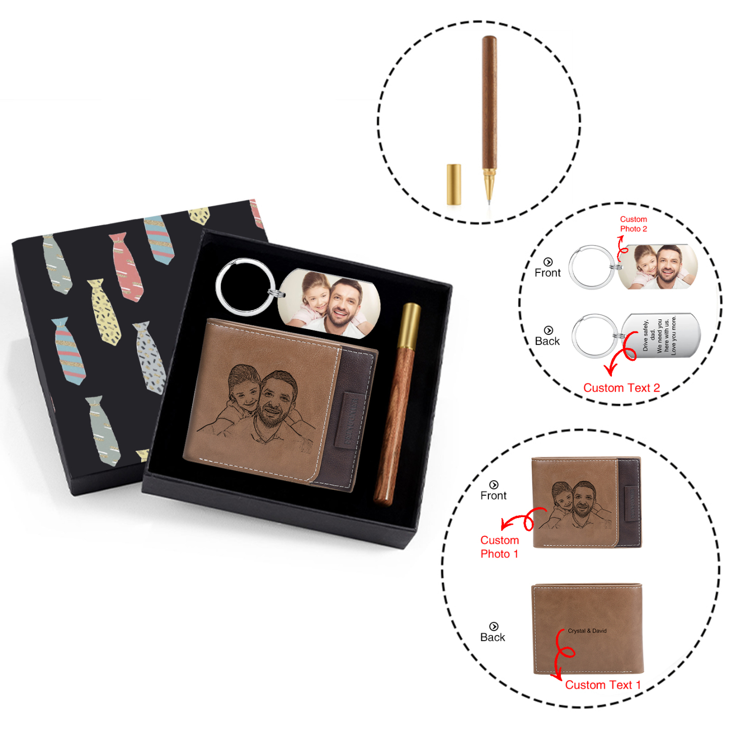 Photo Personalized Leather Wallet Gift Box Set with Keychain Customizable 2 Text  Wallet Gift for Him
