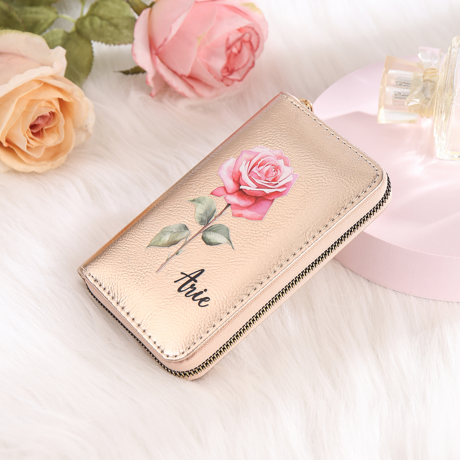 Portafoglio in PU pelle con 1 fiore di nascita & 1 nome personalizzati per mamma/nonna