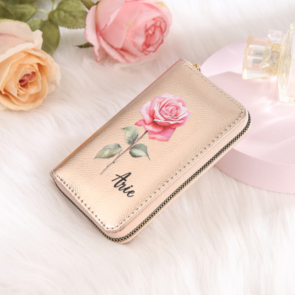 Portafoglio in PU pelle con 1 fiore di nascita & 1 nome personalizzati per mamma/nonna