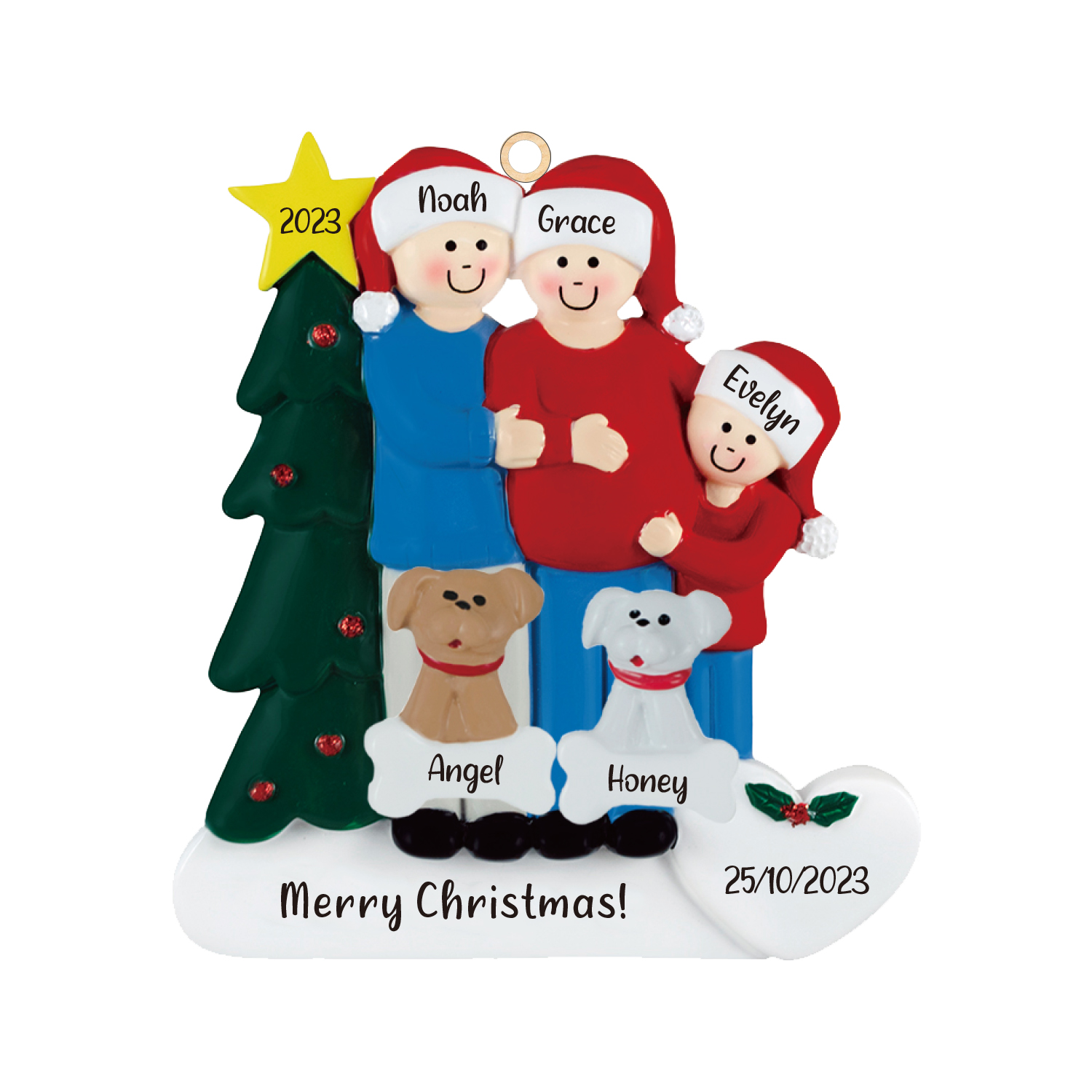 Ciondolo Familiare 2023 per albero di Natale 3 nomi e 2 cani personalizzabili