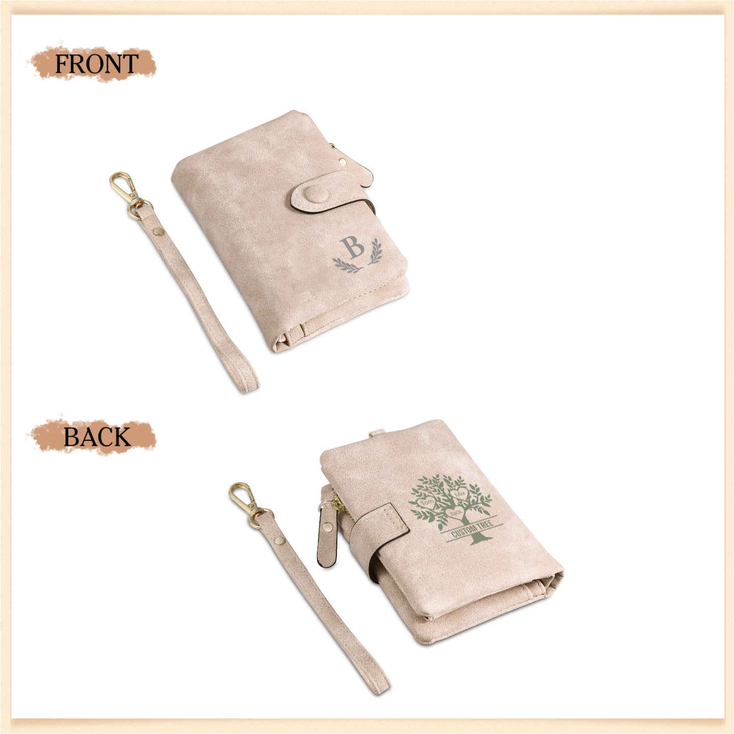 Portafoglio Albero della vita in PU pelle con 3 nomi & 1 testo & 1 lettera personalizzati per donna