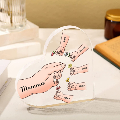 Targa acrilica personalizzata a forma di cuore "Mani" - con 1-8 nomi e fiori - Regalo per la mamma