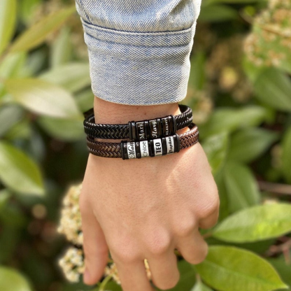 Braccialetto in pelle intrecciata Bracciale maschile con 4 perline e 4 nomi personalizzati