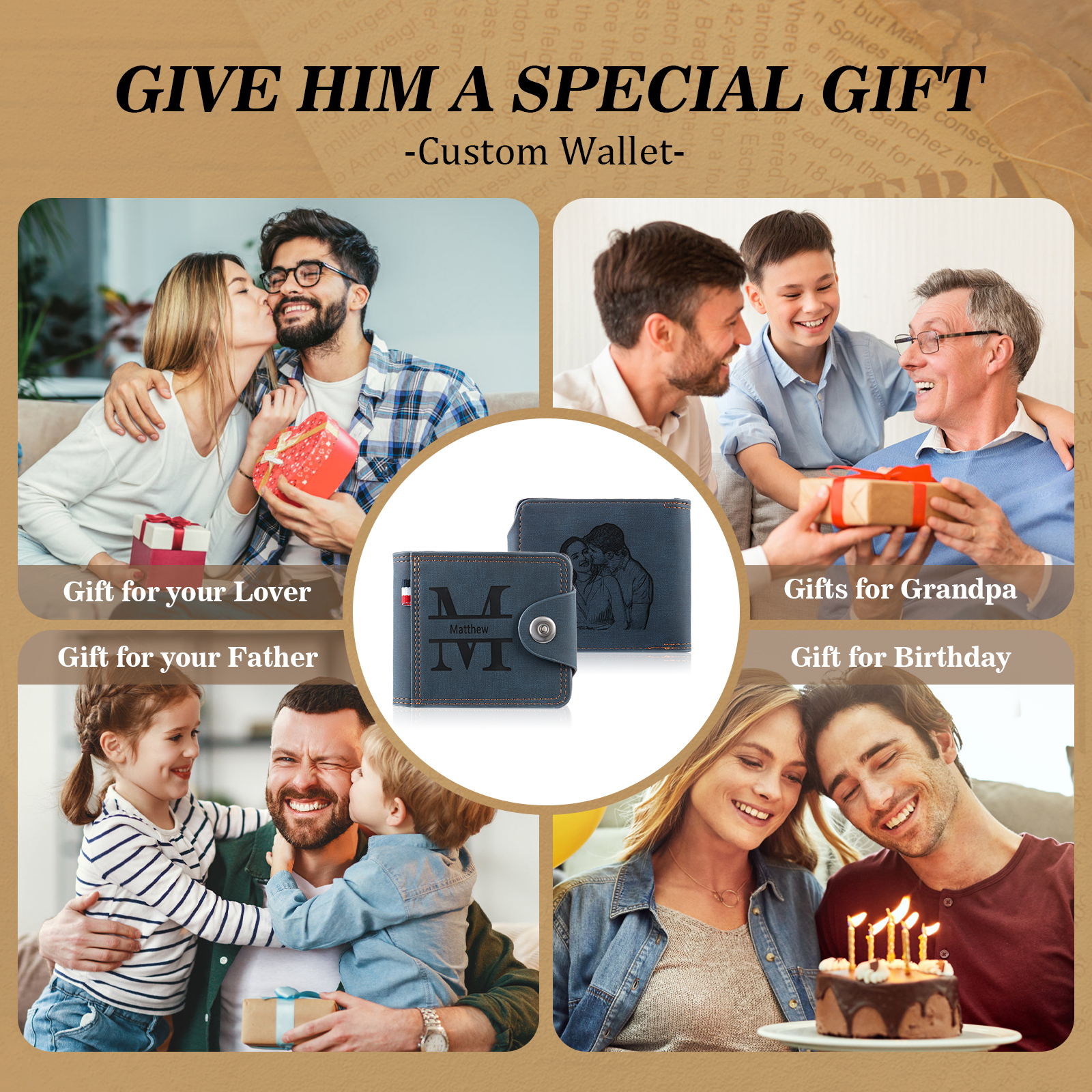 Portafoglio in PU pelle da uomo 1 nome 1 lettera e 1 foto personalizzabili regalo per uomo