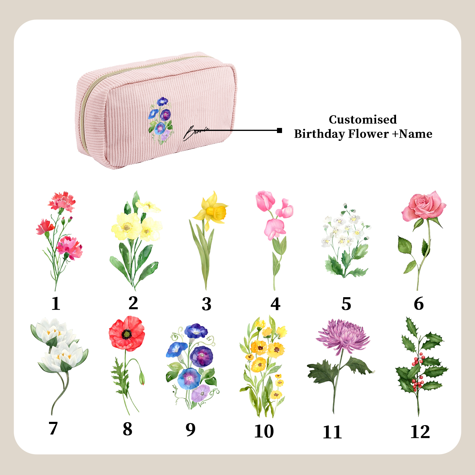 Borsa portabile per cosmetici in velluto a coste 1 nome e 1 fiore di nascita personalizzato multicolori da scegliere