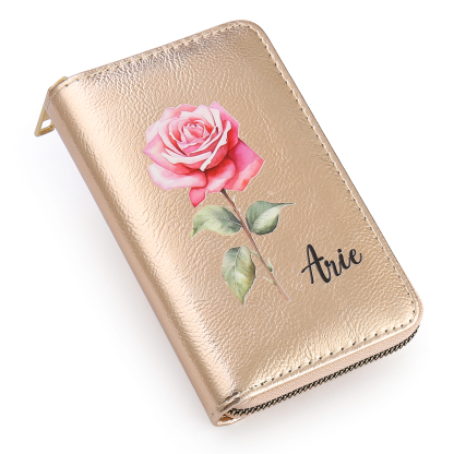 Portafoglio in PU pelle con 1 fiore di nascita & 1 nome personalizzati per mamma/nonna