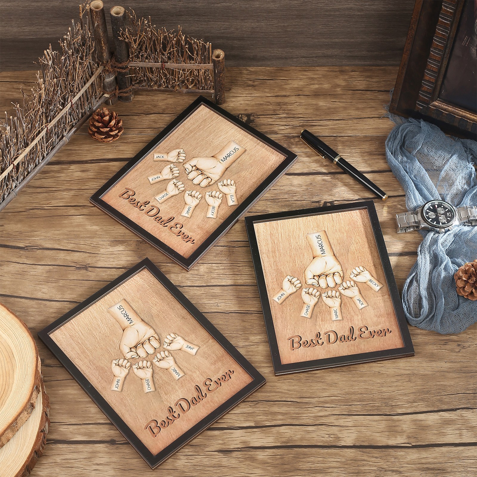 Targa di Legno pugno a pugno 3 nomi e 1 testo personalizzati regalo Per papà