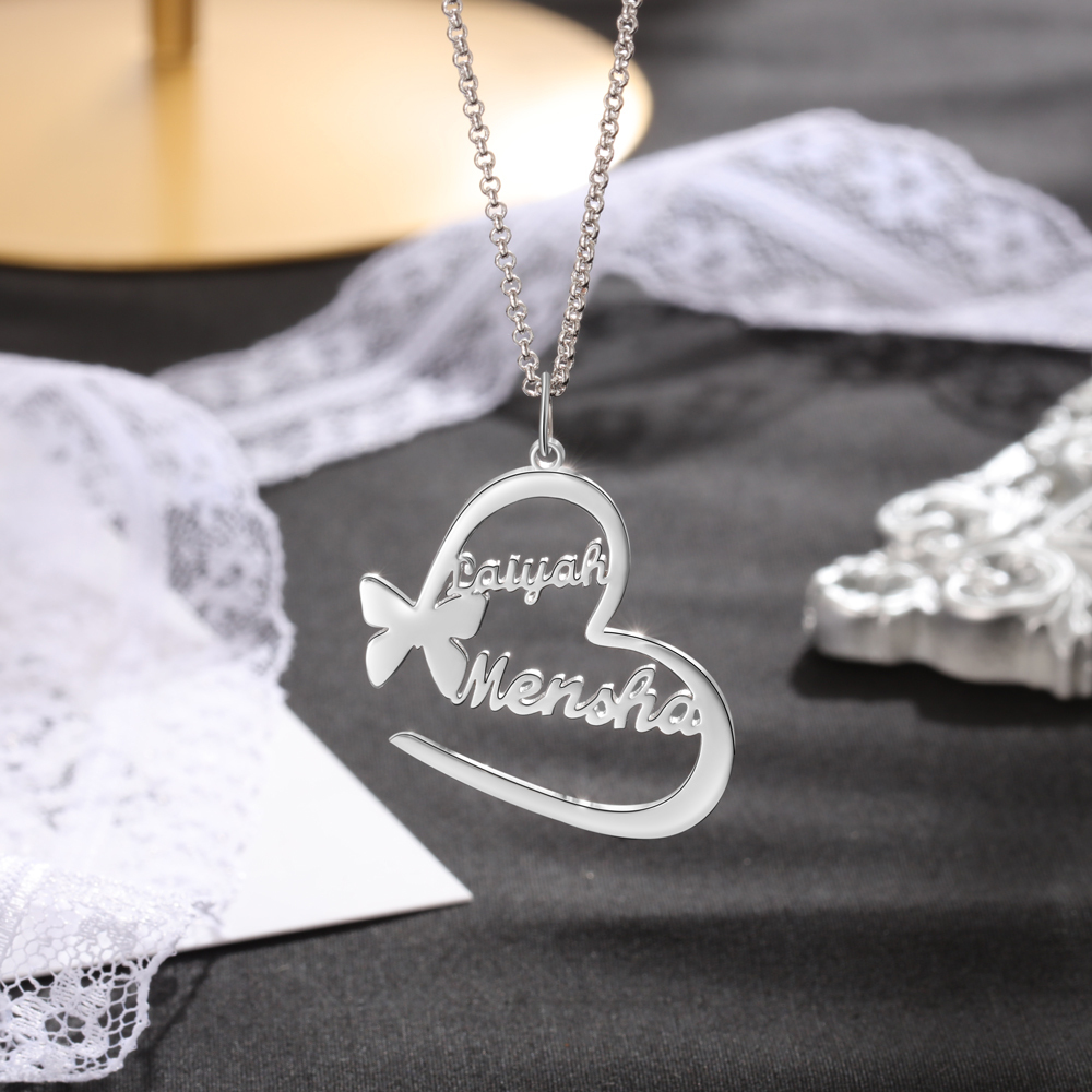 Argento s925 Collana con 2  nomi personalizzatIi e 2 nomi Farfalla