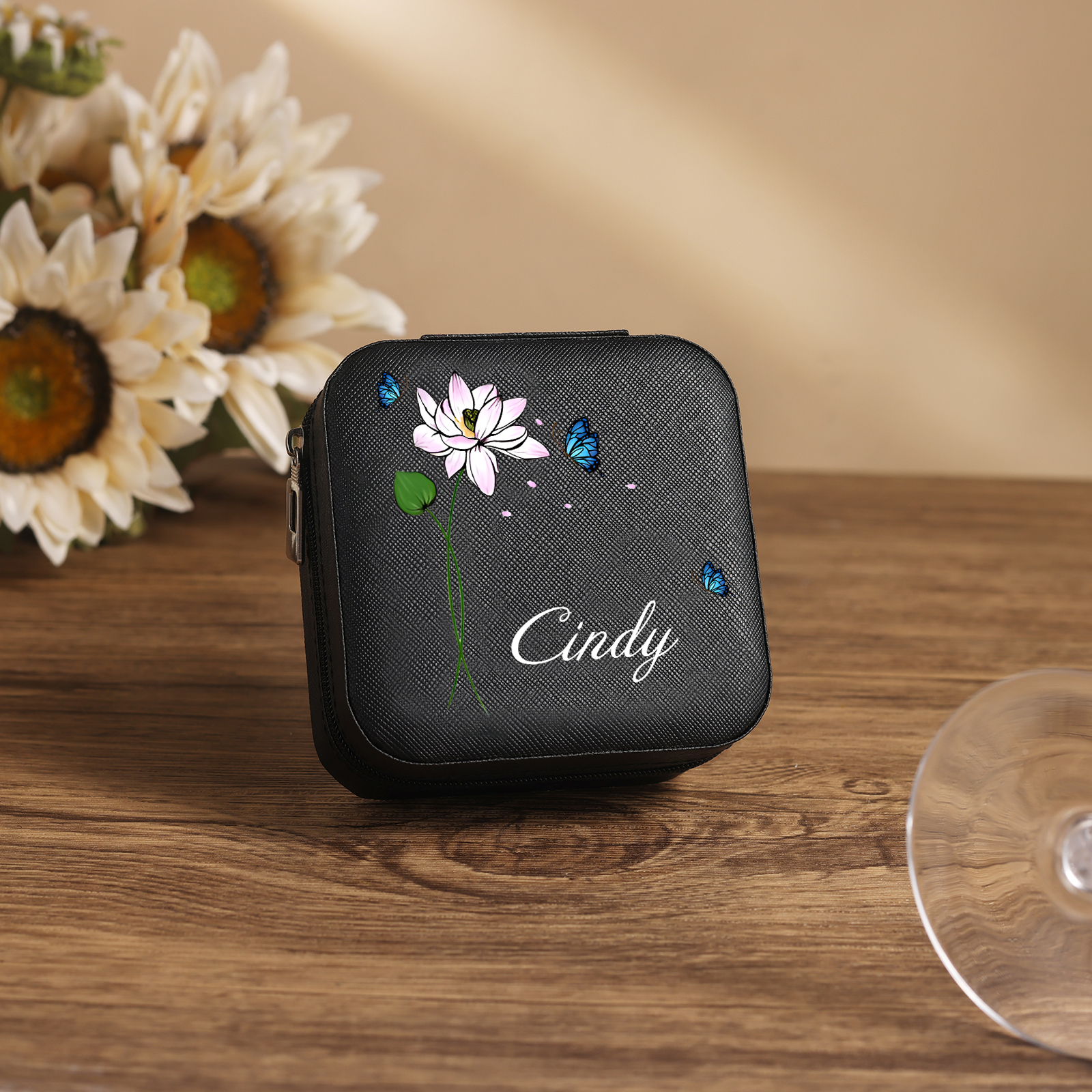 Square Jewelry Storage Photo Box-Personalised 1 Name Customized Birthflower Storage Box In Various Colors