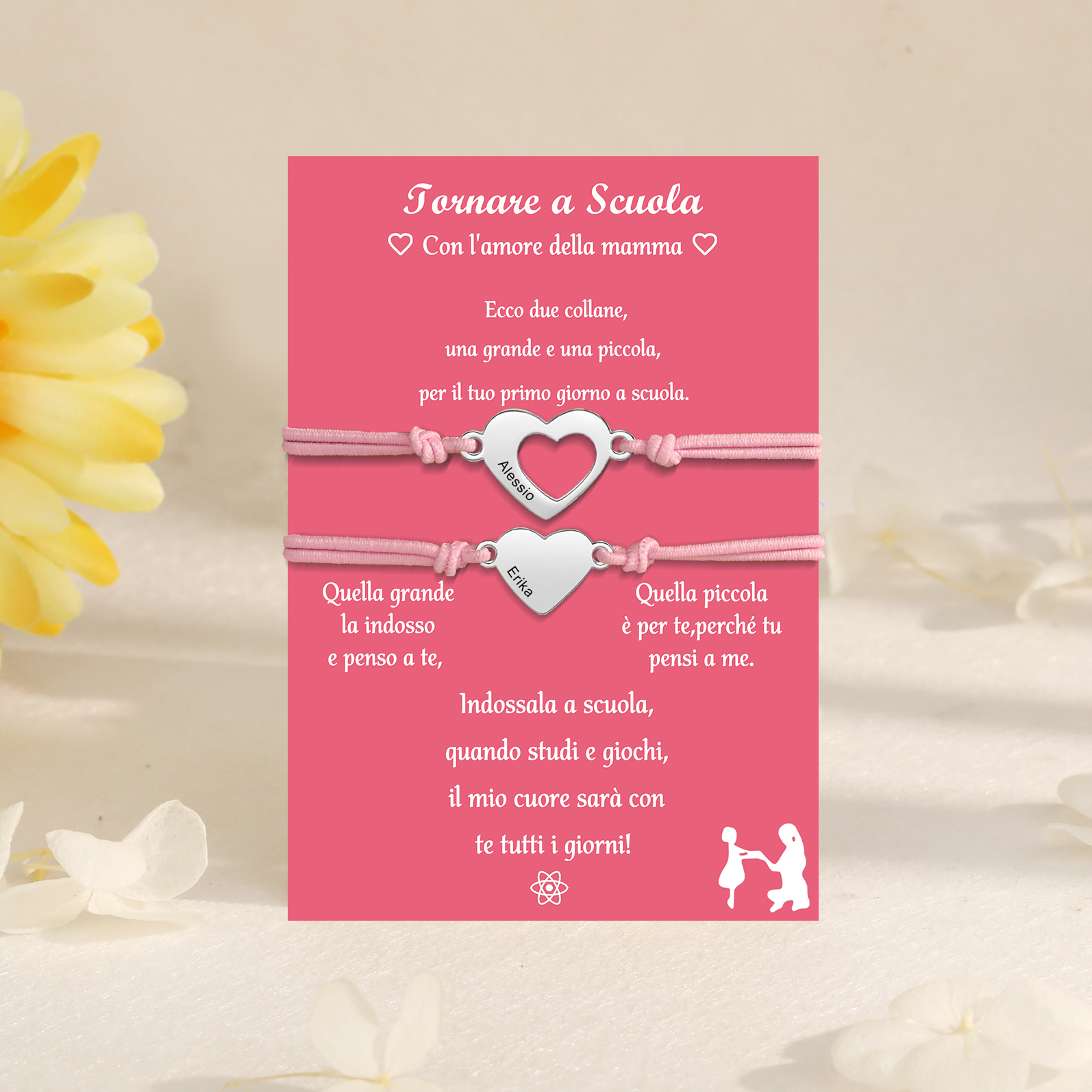 Jessemade IT 2PCS Braccialetto cuore regorabile regalo per Mamma e figlia con carta