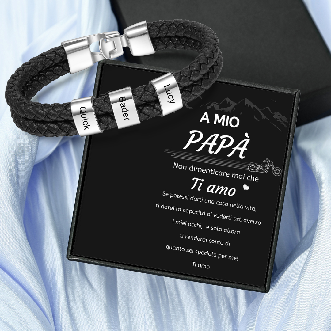 A MIO PAPÀ-Braccialetto di pelle intrecciatta con 3 nomi personalizzati di perline regalo per la festa del papà