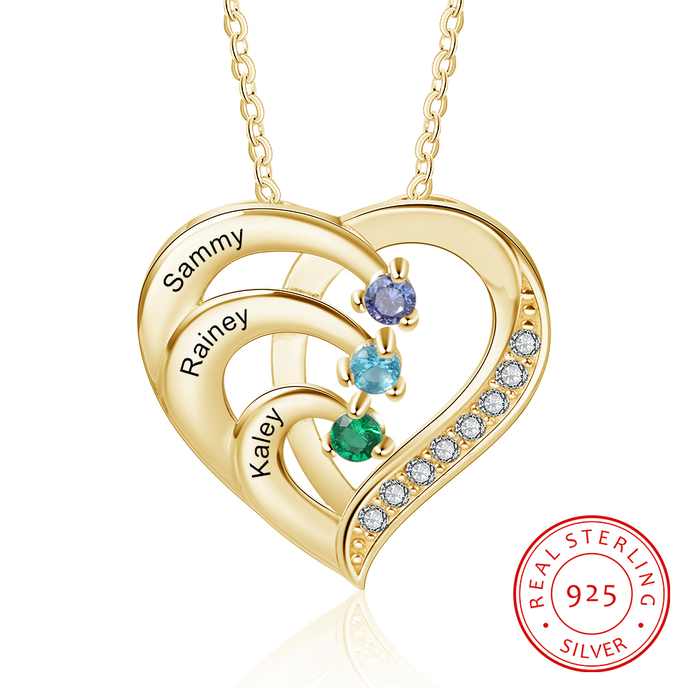 Argento S925 Collana con 3 nomi personalizzati e 3 pietre di nascita in ciondolo a cuore
