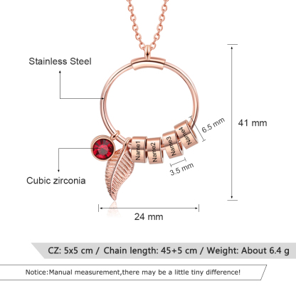Collana con ciondolo foglia e cerchio 4 nomi e 4 pietre di nascita personalizzati regalo per donna