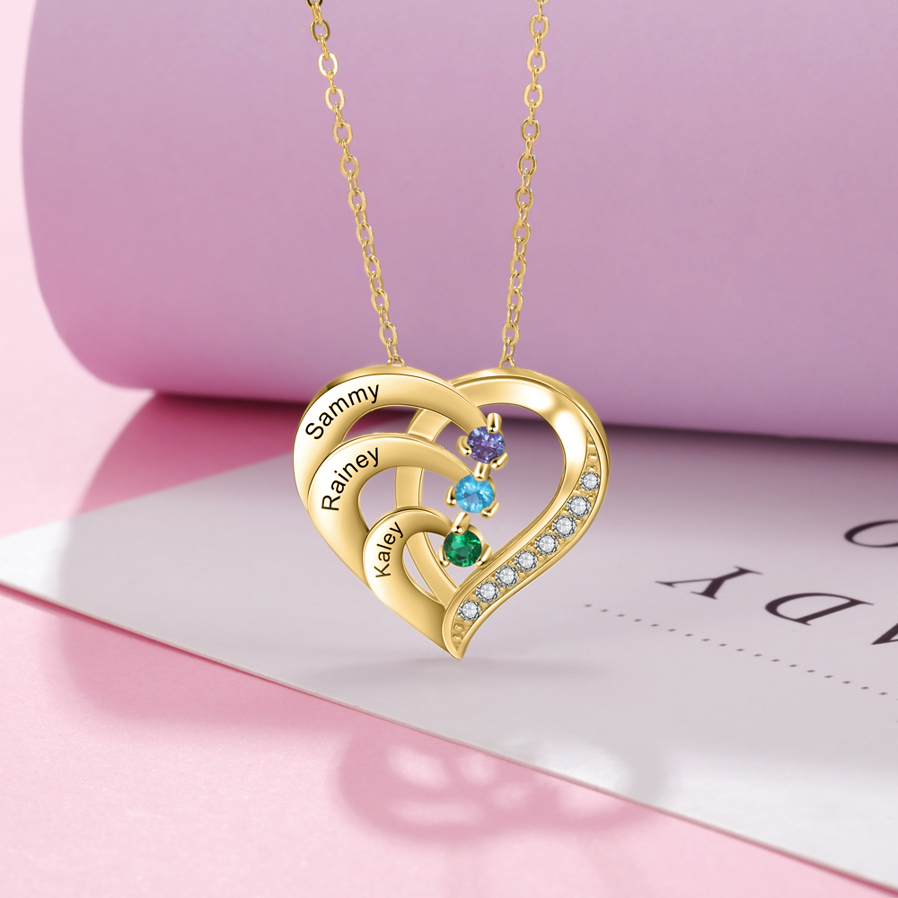 Argento S925 Collana con 3 nomi personalizzati e 3 pietre di nascita in ciondolo a cuore