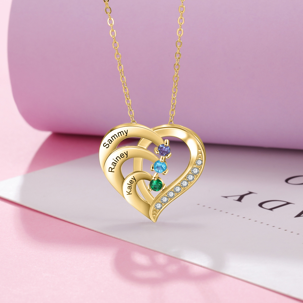 Argento S925 Collana con 3 nomi personalizzati e 3 pietre di nascita in ciondolo a cuore