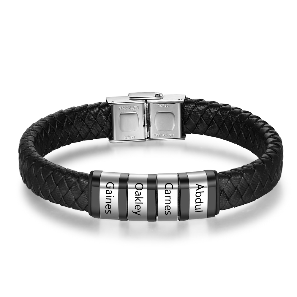 Braccialetto in pelle intrecciata Bracciale maschile con 4 perline e 4 nomi personalizzati