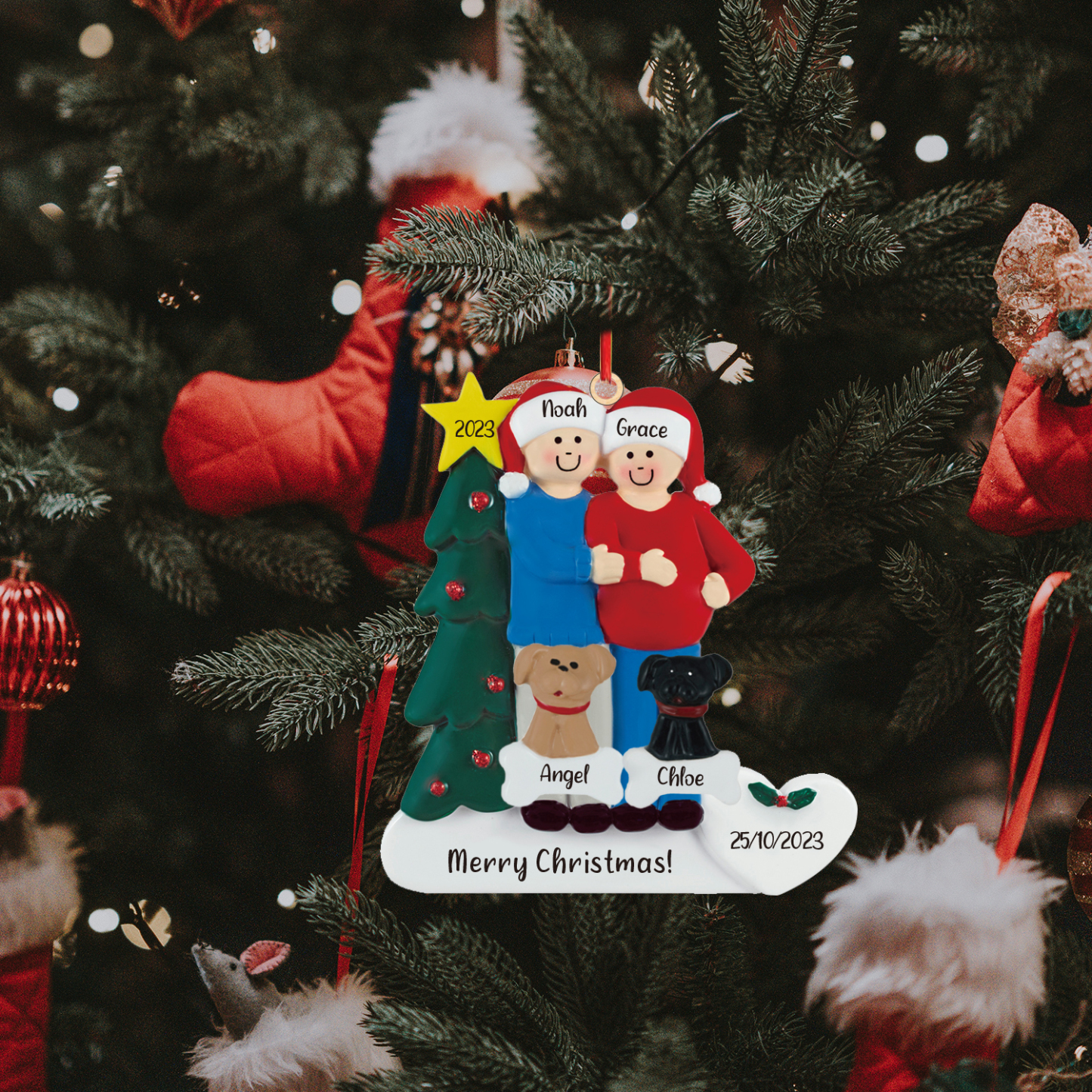 Ciondolo Familiare 2023 per albero di Natale 2 nomi e 2 cani personalizzabili