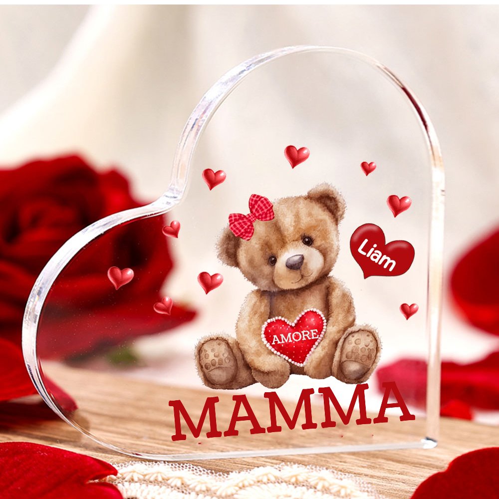 MAMMA Decorazione acrilica con orsacchiotto a forma di cuore 1 nome e 2 testi personalizzati per mamma/nonna