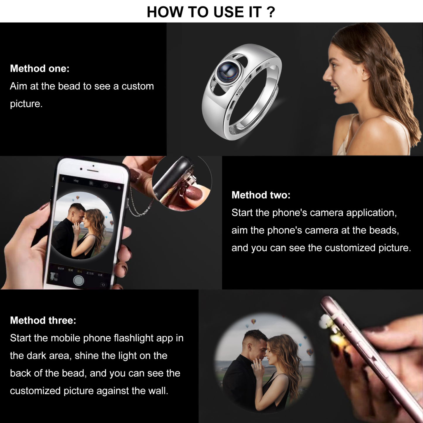 Anello regolabile con proiezione fotografica personalizzata per coppia