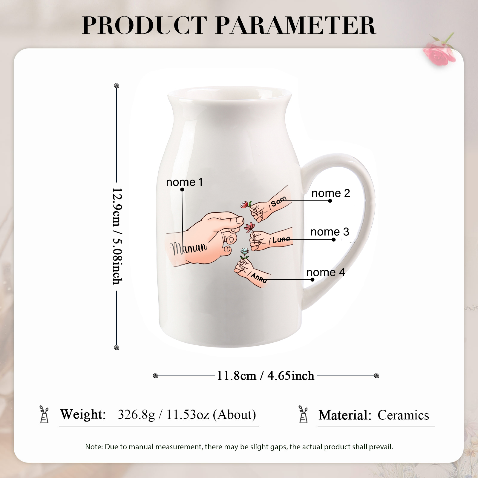 Vaso di ceramica con mano passando il fiore 4 nomi personalizzati per nonna/mamma