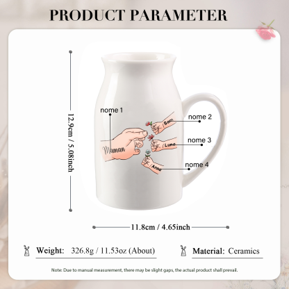 Vaso di ceramica con mano passando il fiore 4 nomi personalizzati per nonna/mamma