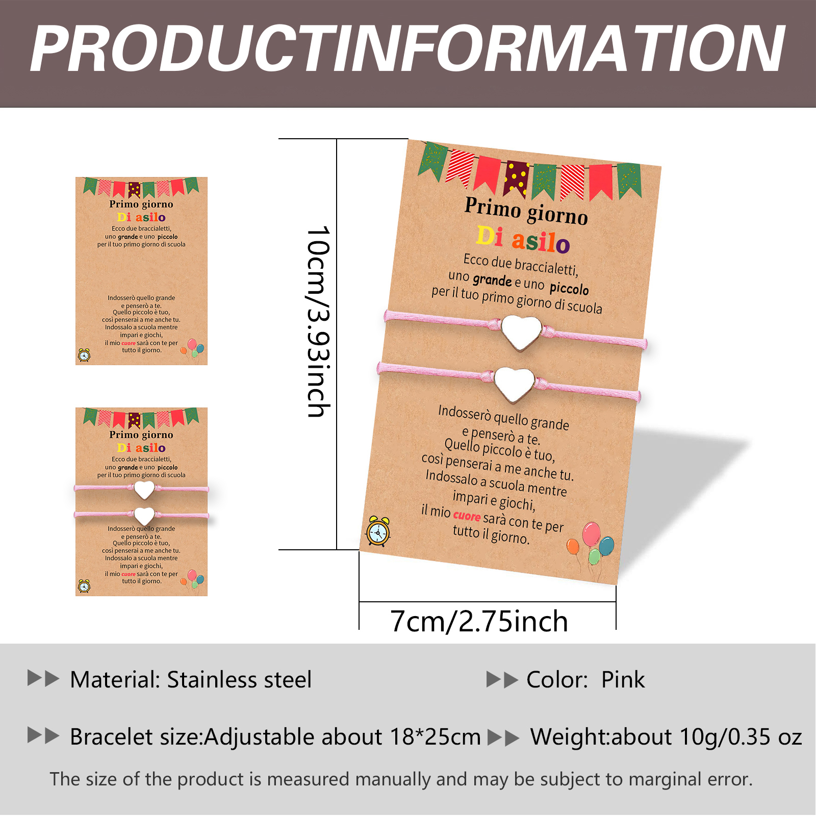 2PCS Braccialetto cuore regorabile regalo per bambina con carta