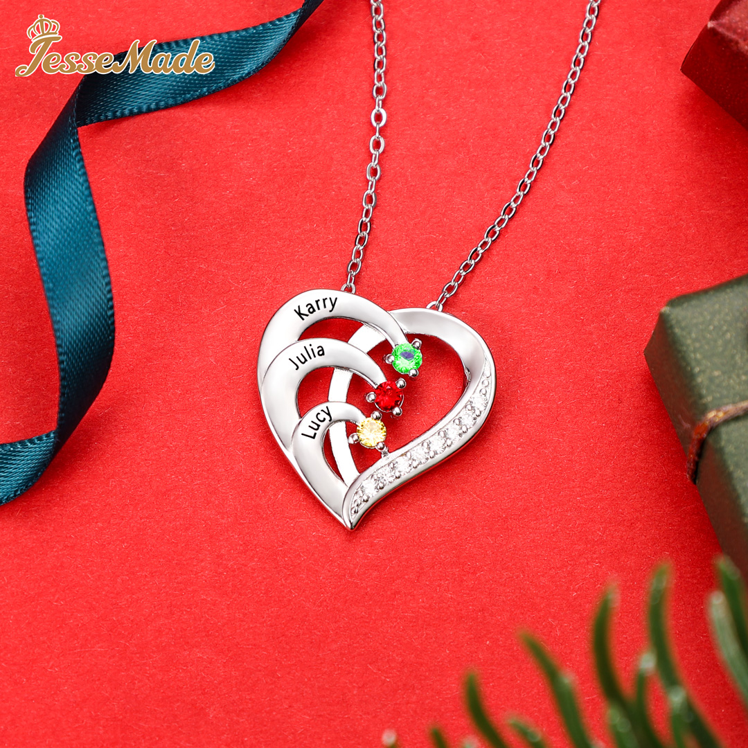 Argento S925 Collana con 3 nomi personalizzati e 3 pietre di nascita in ciondolo a cuore