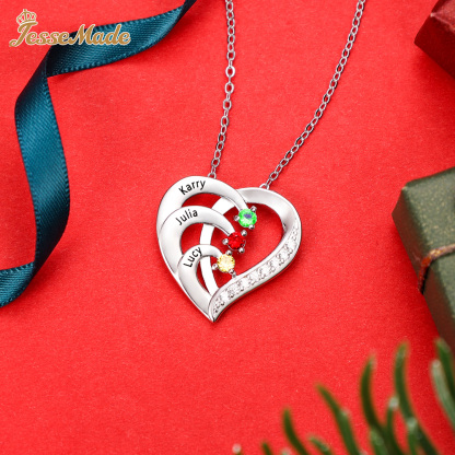 Argento S925 Collana con 3 nomi personalizzati e 3 pietre di nascita in ciondolo a cuore