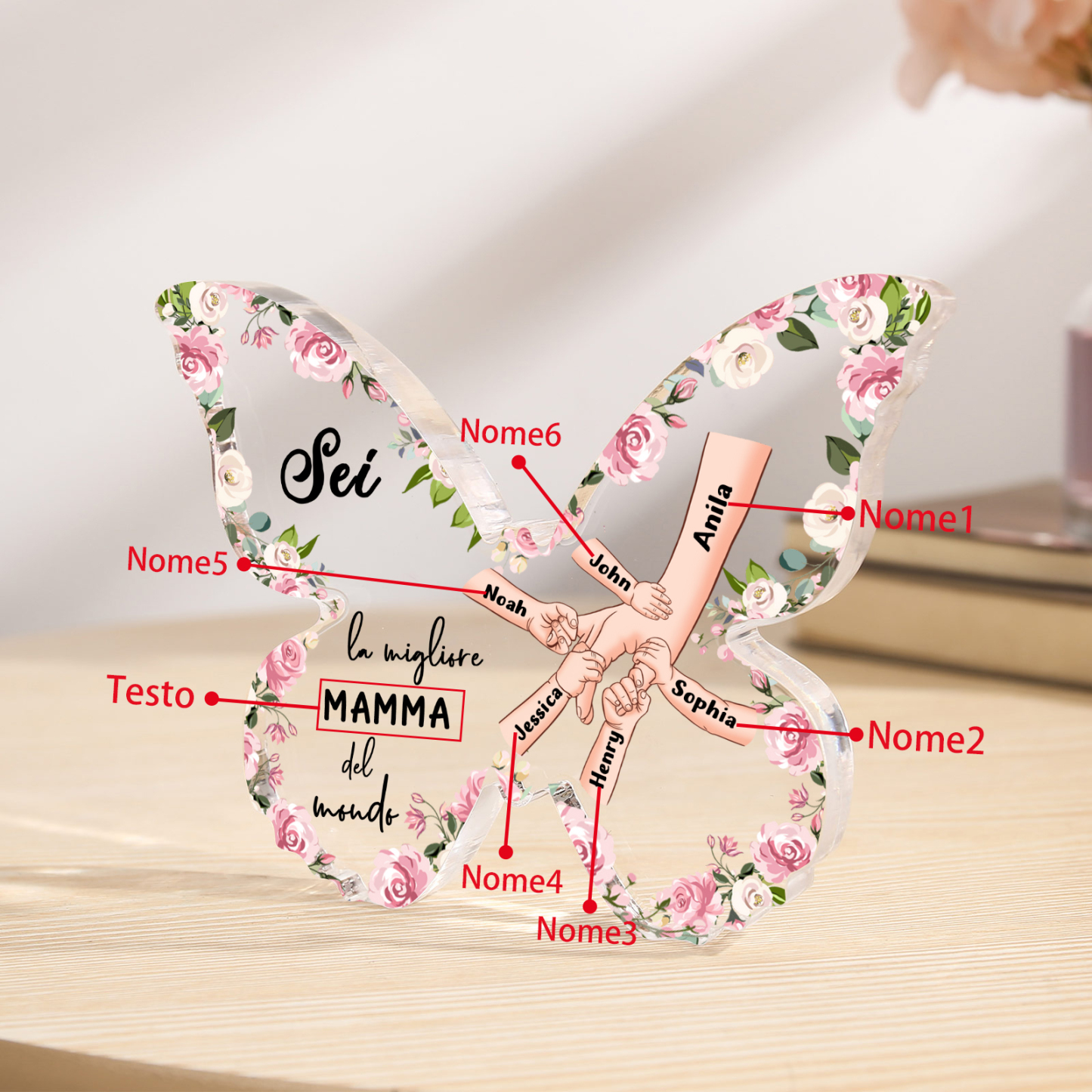 Decorazione Acrilica a Forma di Farfalla Personalizzata – Mano Nella Mano, 6 Nomi e Testo per Nonna o Mamma | Jessemade