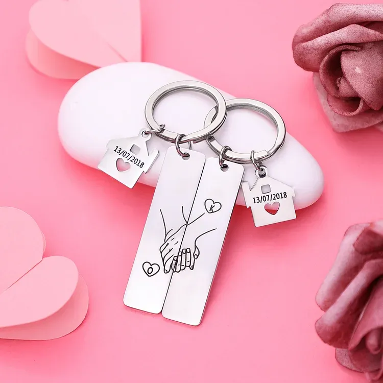 Portachiavi personalizzabile con 2 lettere e data dolce casa 🏠 scatola rosa regalo coppia