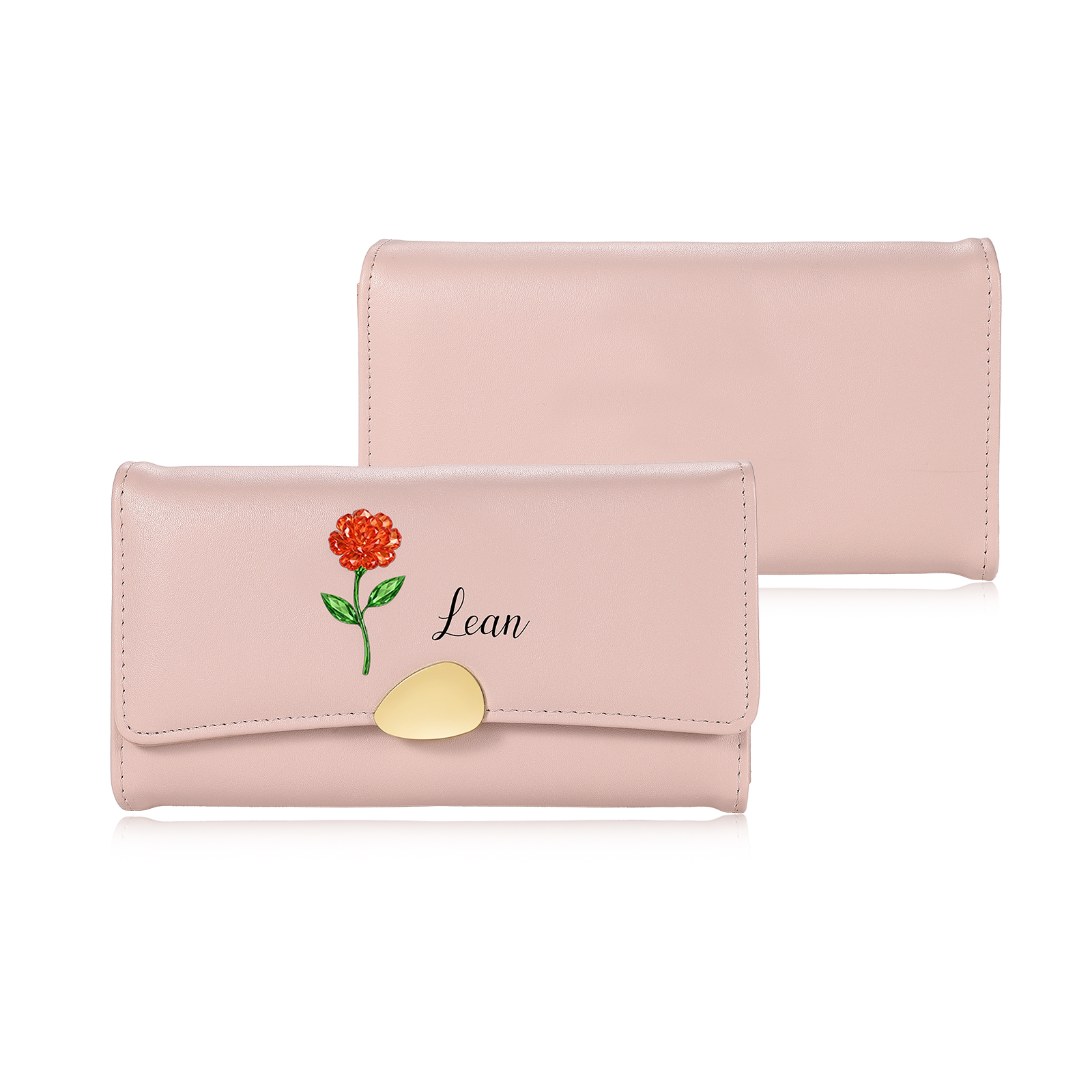 Portafoglio lungo da donna in pelle personalizzato con fiore di nascita e nome