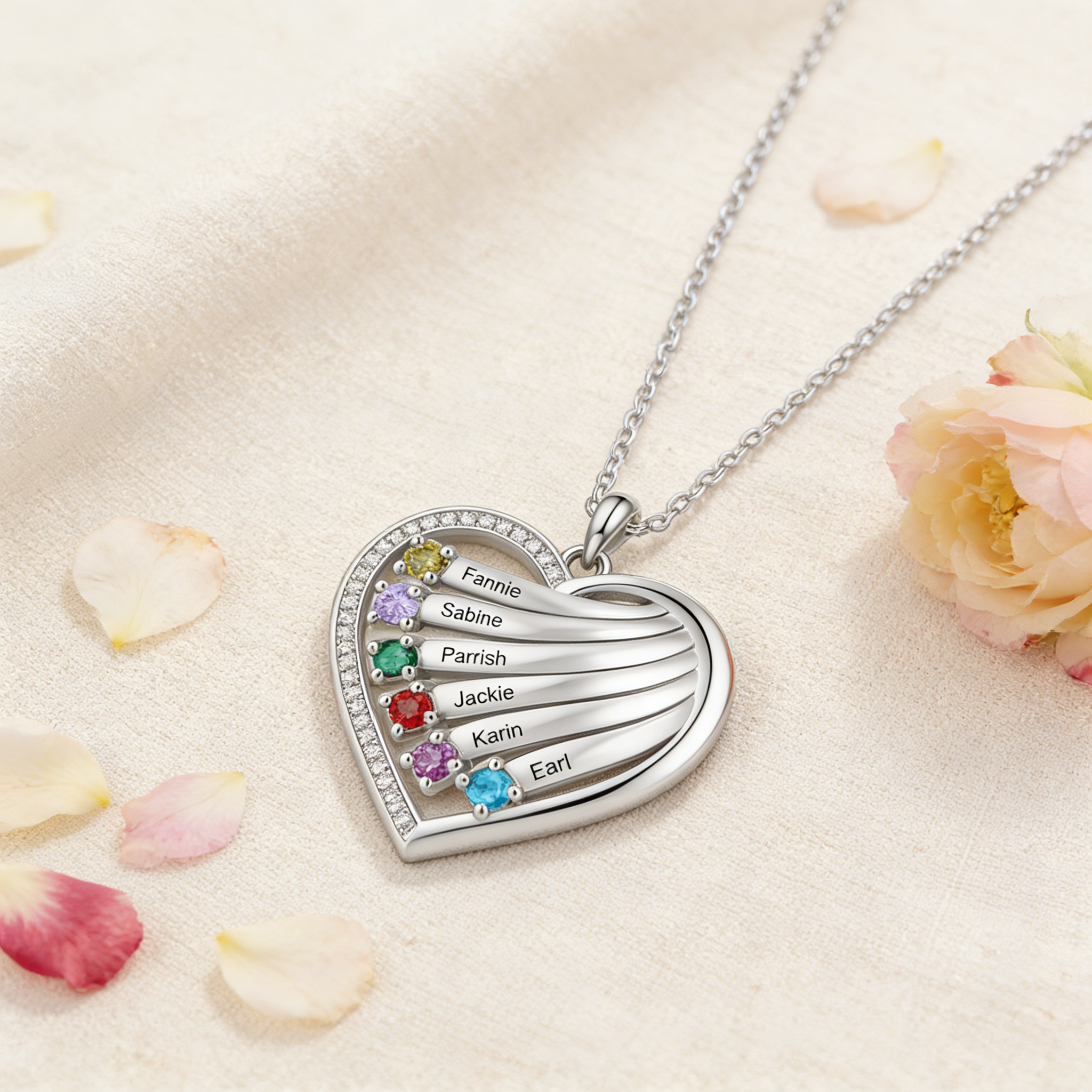Collana personalizzata con nome e cuore, con pietre di nascita e incisione dei nomi di 4–6 bambini