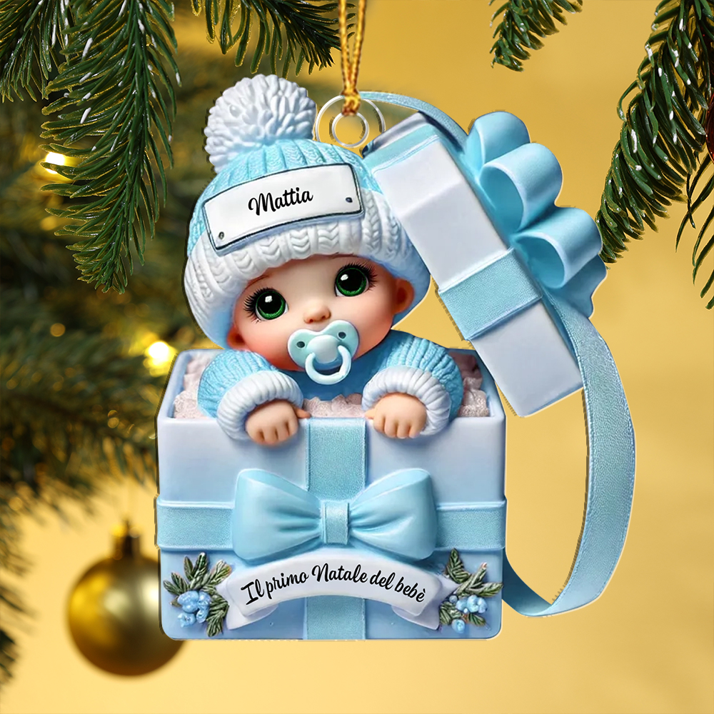 Addobbo personalizzato per l’albero di Natale – bebè nella scatolina regalo per il primo Natale