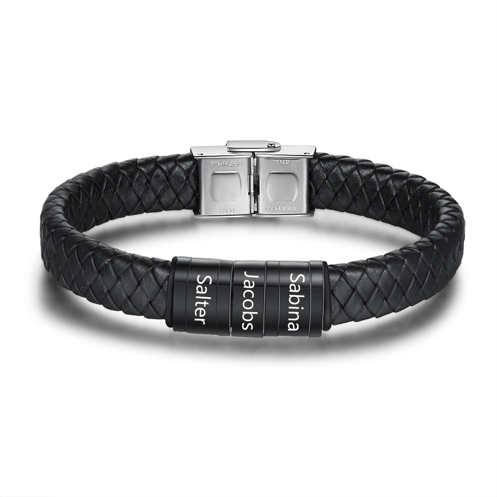 Braccialetto in pelle intrecciata Bracciale maschile con 3 perline e 3 nomi personalizzati
