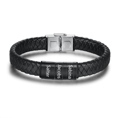 Braccialetto in pelle intrecciata Bracciale maschile con 3 perline e 3 nomi personalizzati