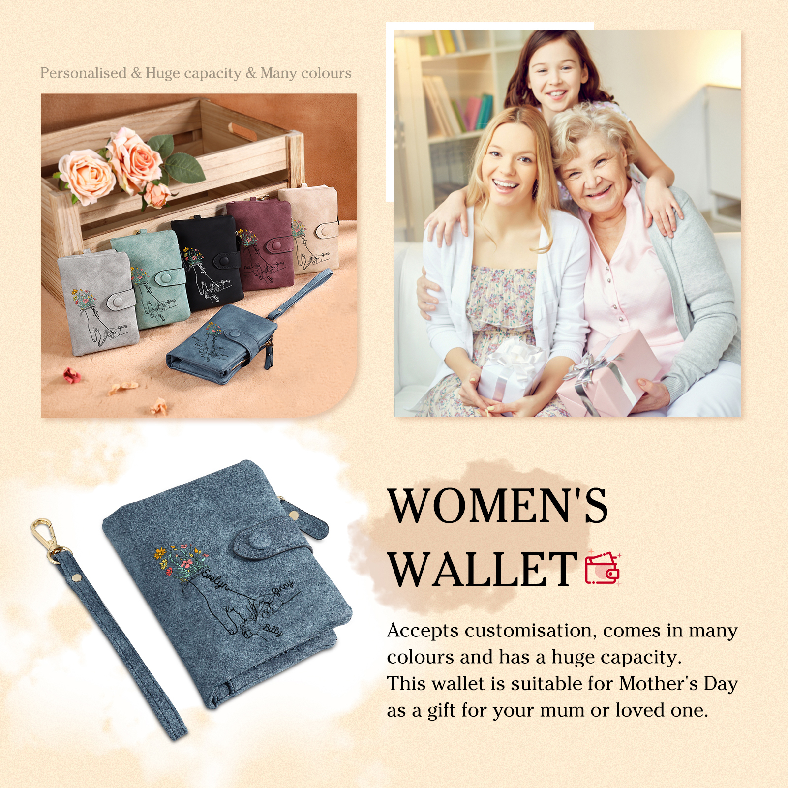 Portafoglio in PU pelle fiore mano con 3 nomi personalizzati per mamma/nonna