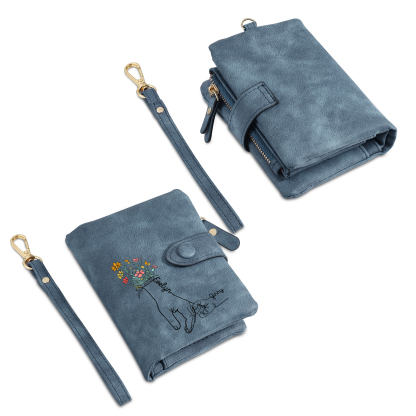 Portafoglio in PU pelle fiore mano con 2 nomi personalizzati per mamma/nonna