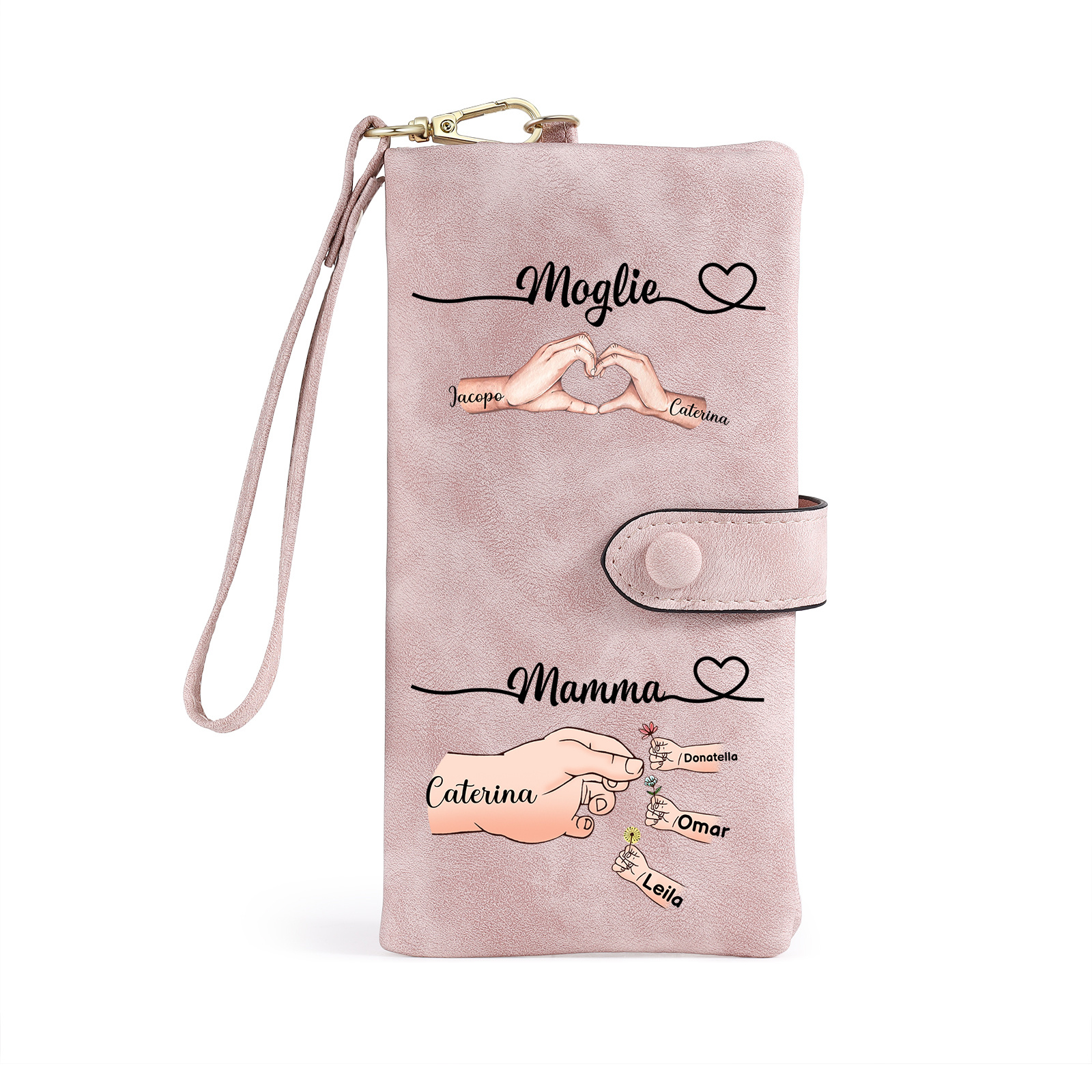 Portafoglio da donna personalizzato con mano e cuore e fino a 8 nomi dei figli, regalo per donna o mamma