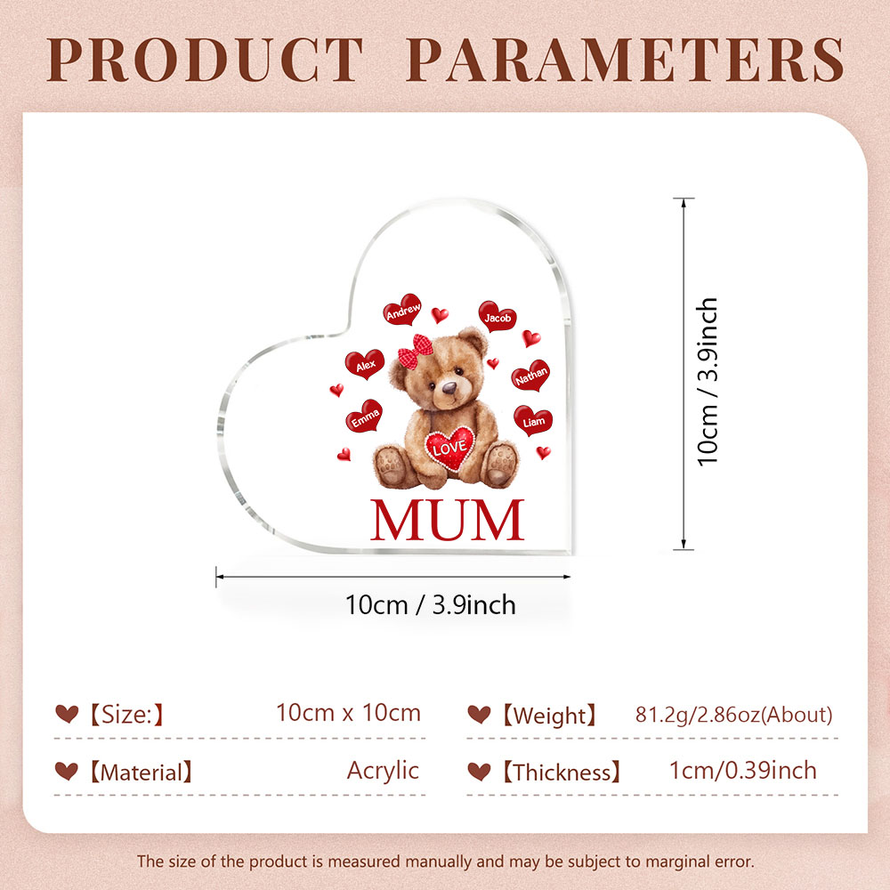 MAMMA Decorazione acrilica con orsacchiotto a forma di cuore 6 nomi e 2 testi personalizzati per mamma/nonna
