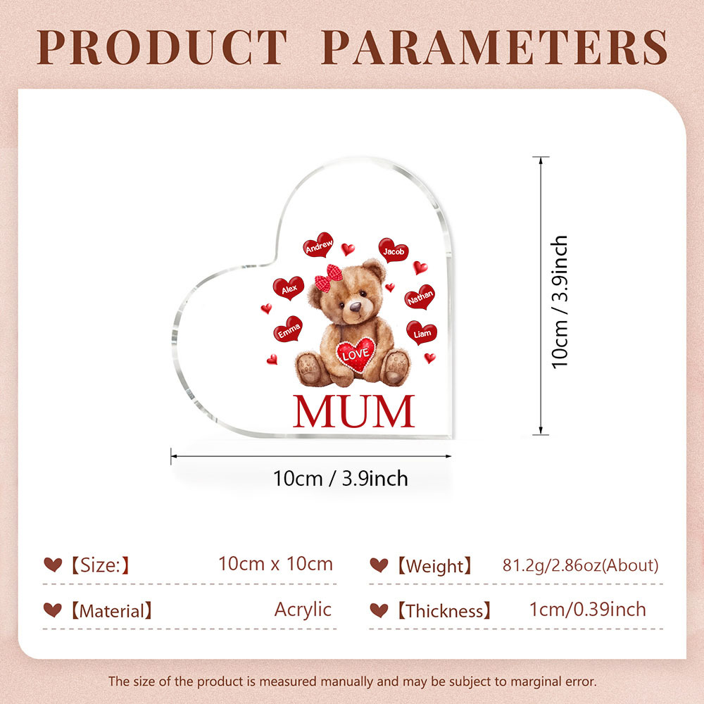 MAMMA Decorazione acrilica con orsacchiotto a forma di cuore 6 nomi e 2 testi personalizzati per mamma/nonna