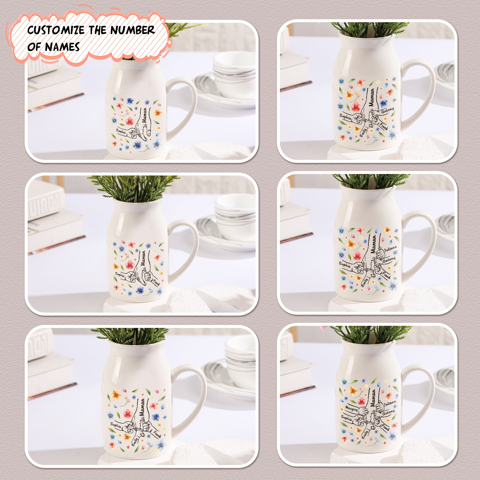 Vaso di ceramica con mano nella mano 4 nomi personalizzati per nonna/mamma