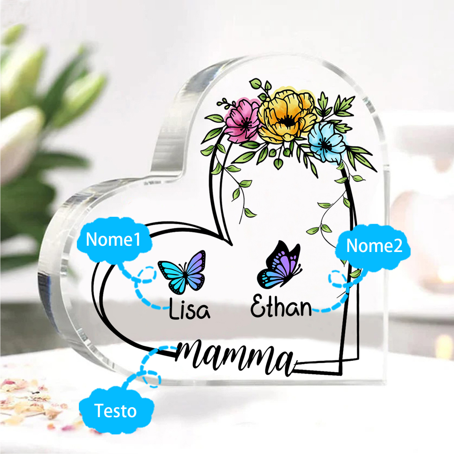 Decorazione Acrilica a Forma di Cuore Personalizzata con Farfalla – 2 Nomi e Testo per Nonna o Mamma | Jessemade